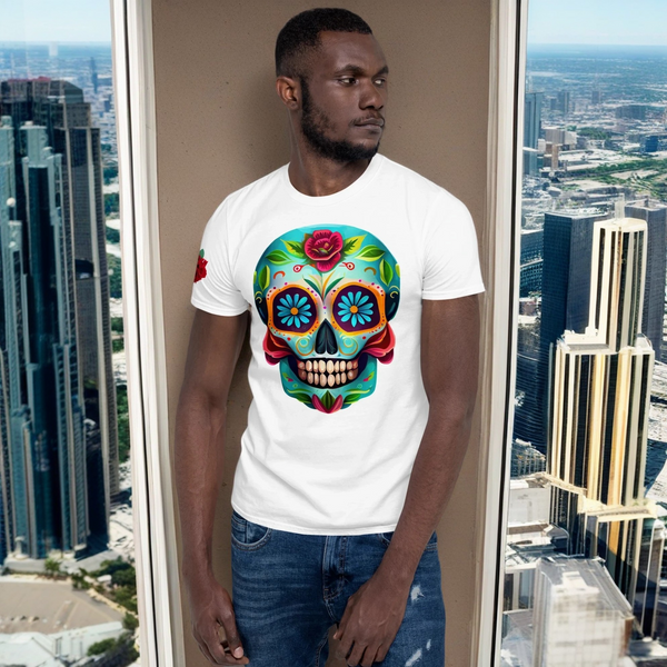 Vibrantly painted calavera design on Dia de los Muertos T-shirt from Dia de los Muertos collection